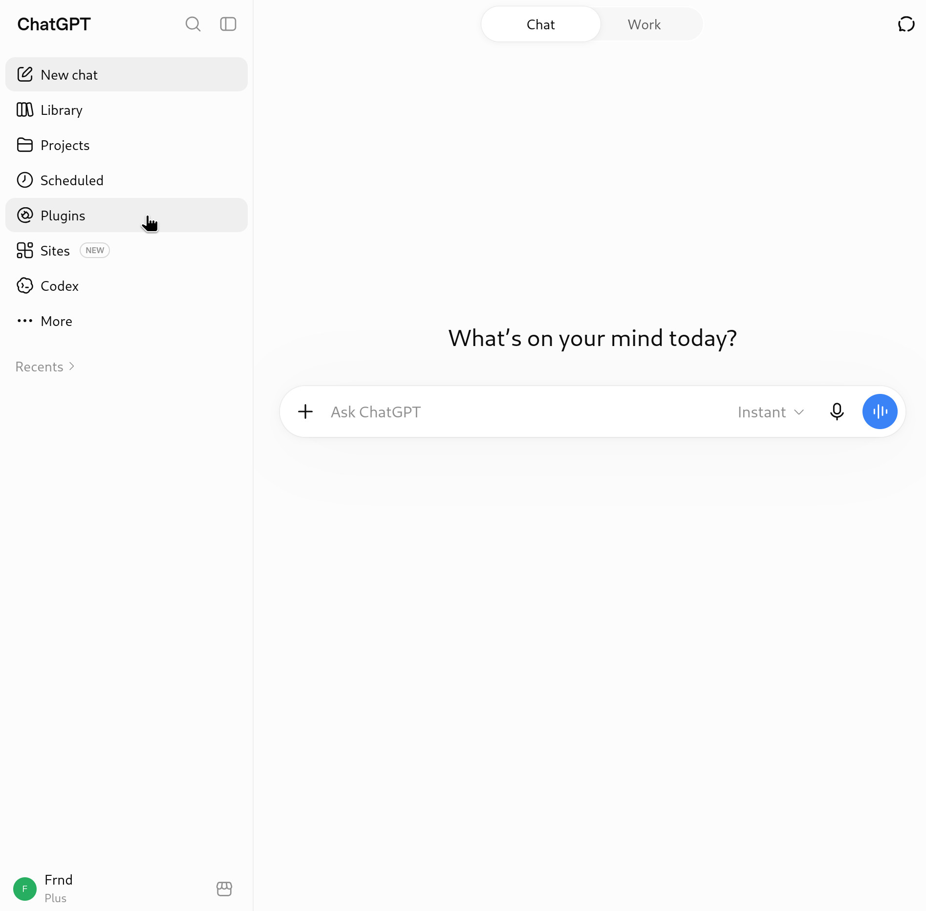 ChatGPT's sidebar with Plugins highlighted.