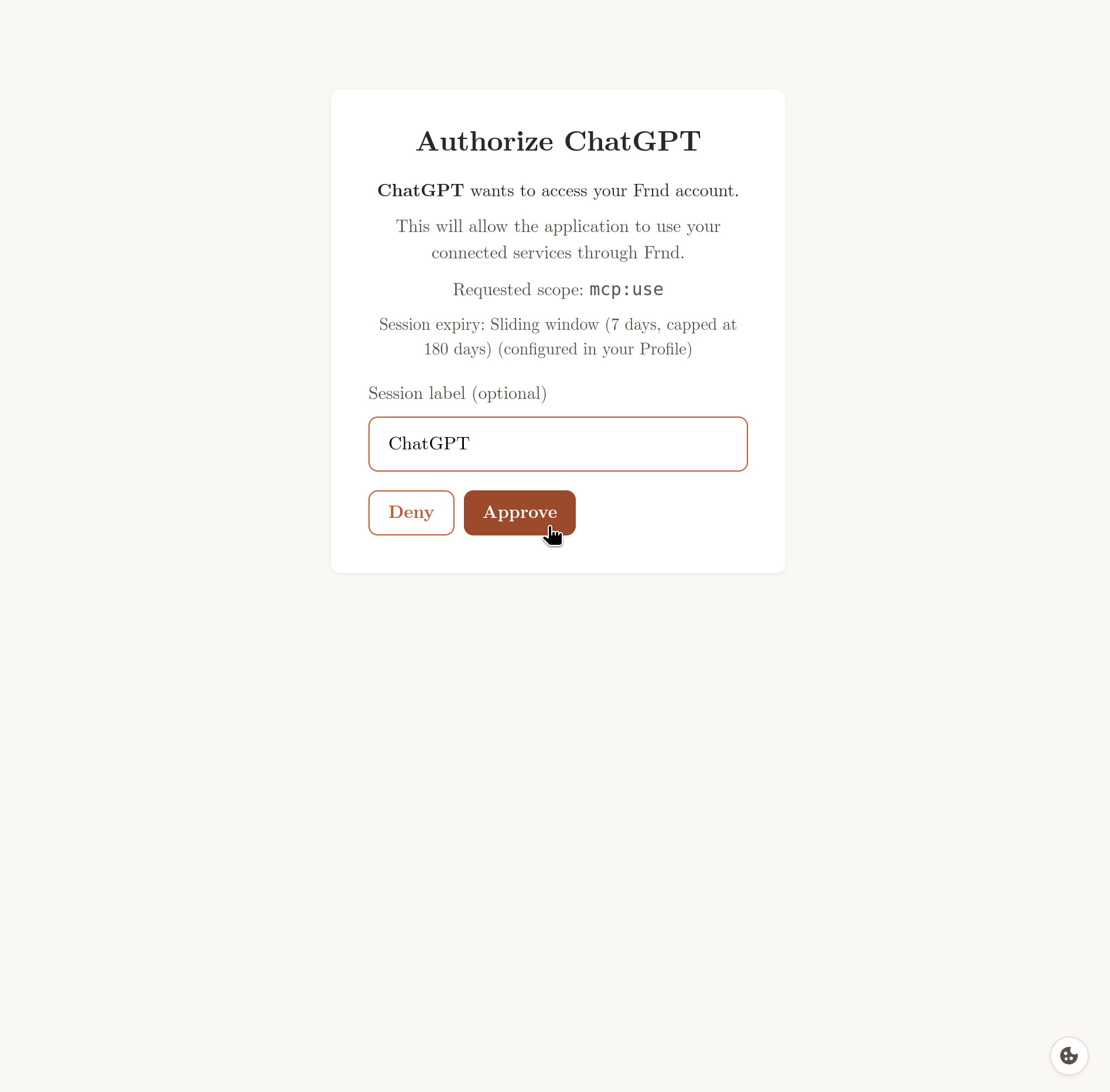 Frnd's authorization page, asking to authorize ChatGPT with a session label field.