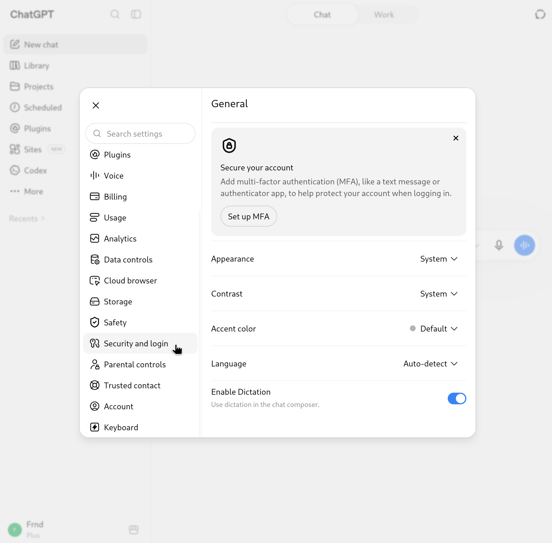 ChatGPT's settings dialog, with Security and login highlighted.