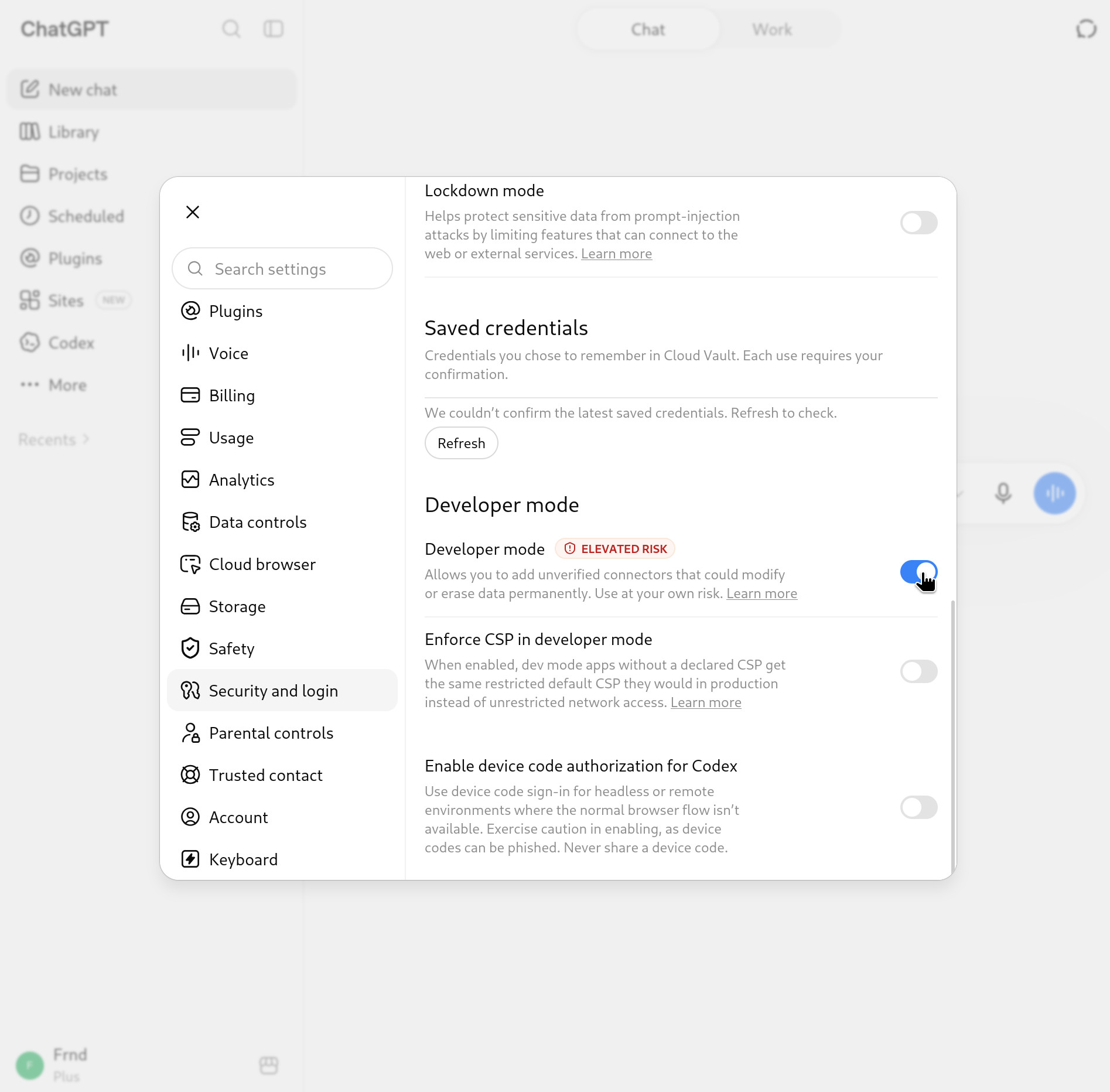 The Security and login page, with the Developer mode switch being turned on.