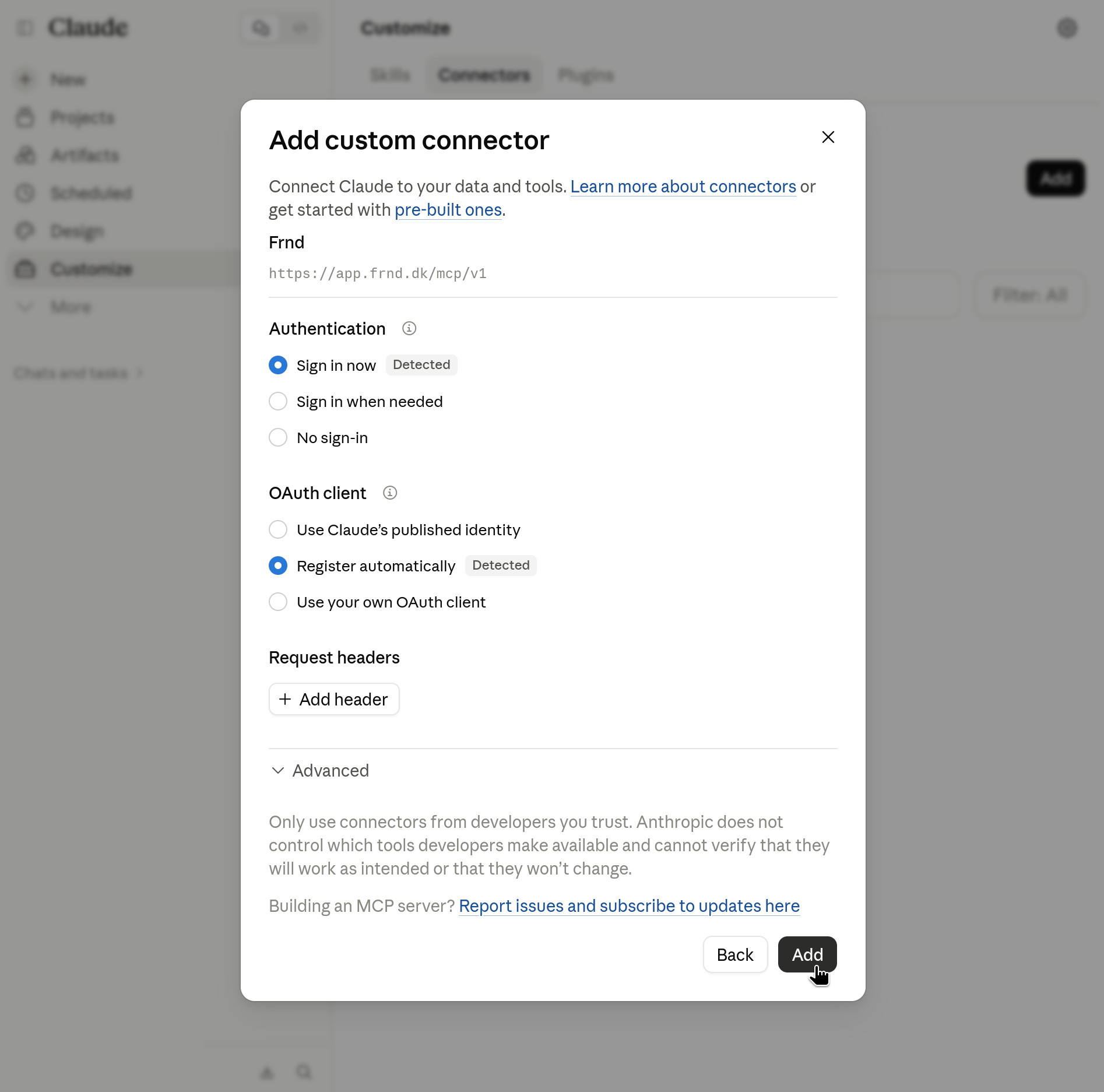 The second page of the dialog, with Sign in now and Register automatically detected.
