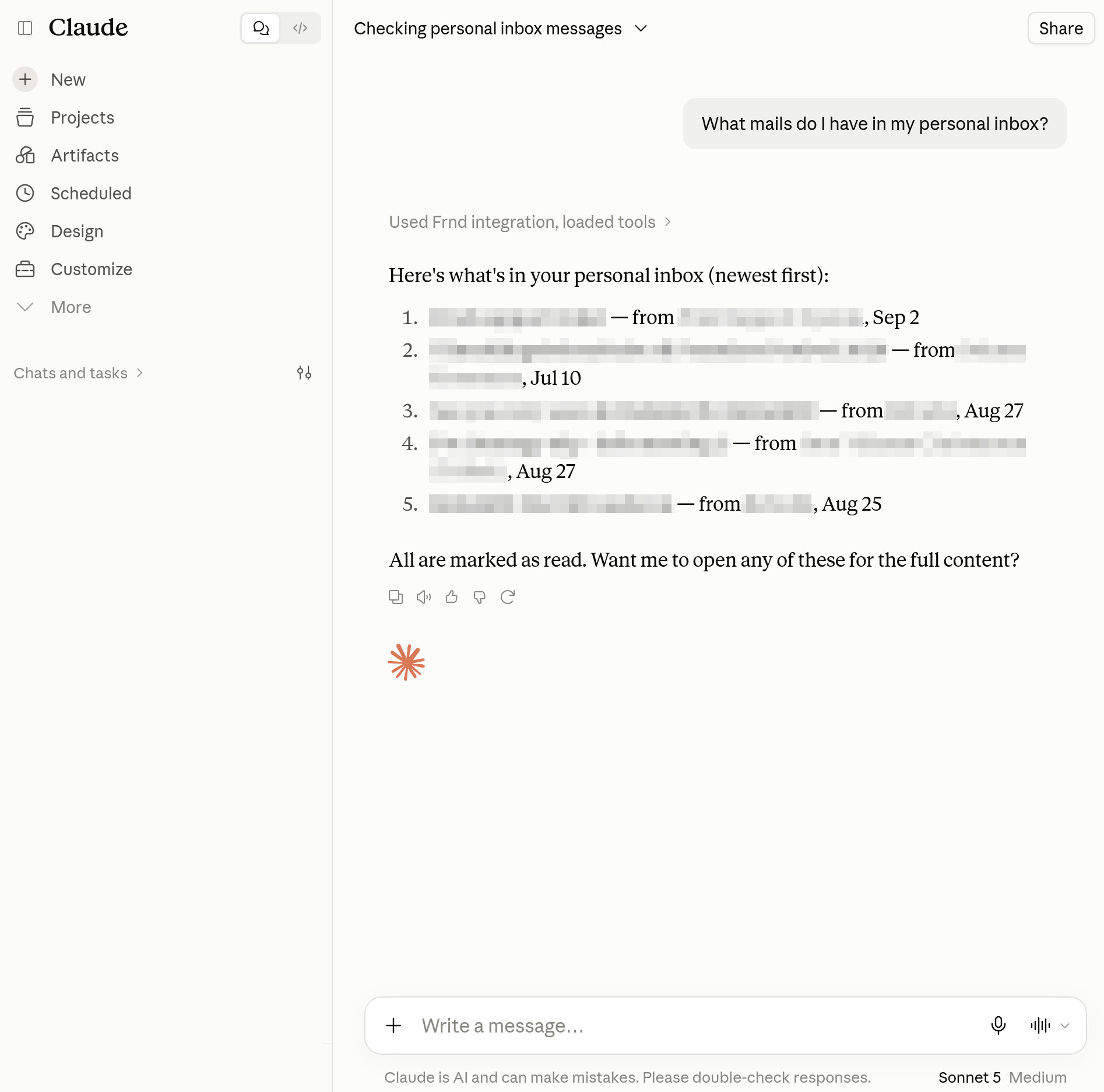A Claude chat where Frnd has listed the emails in the user's inbox.