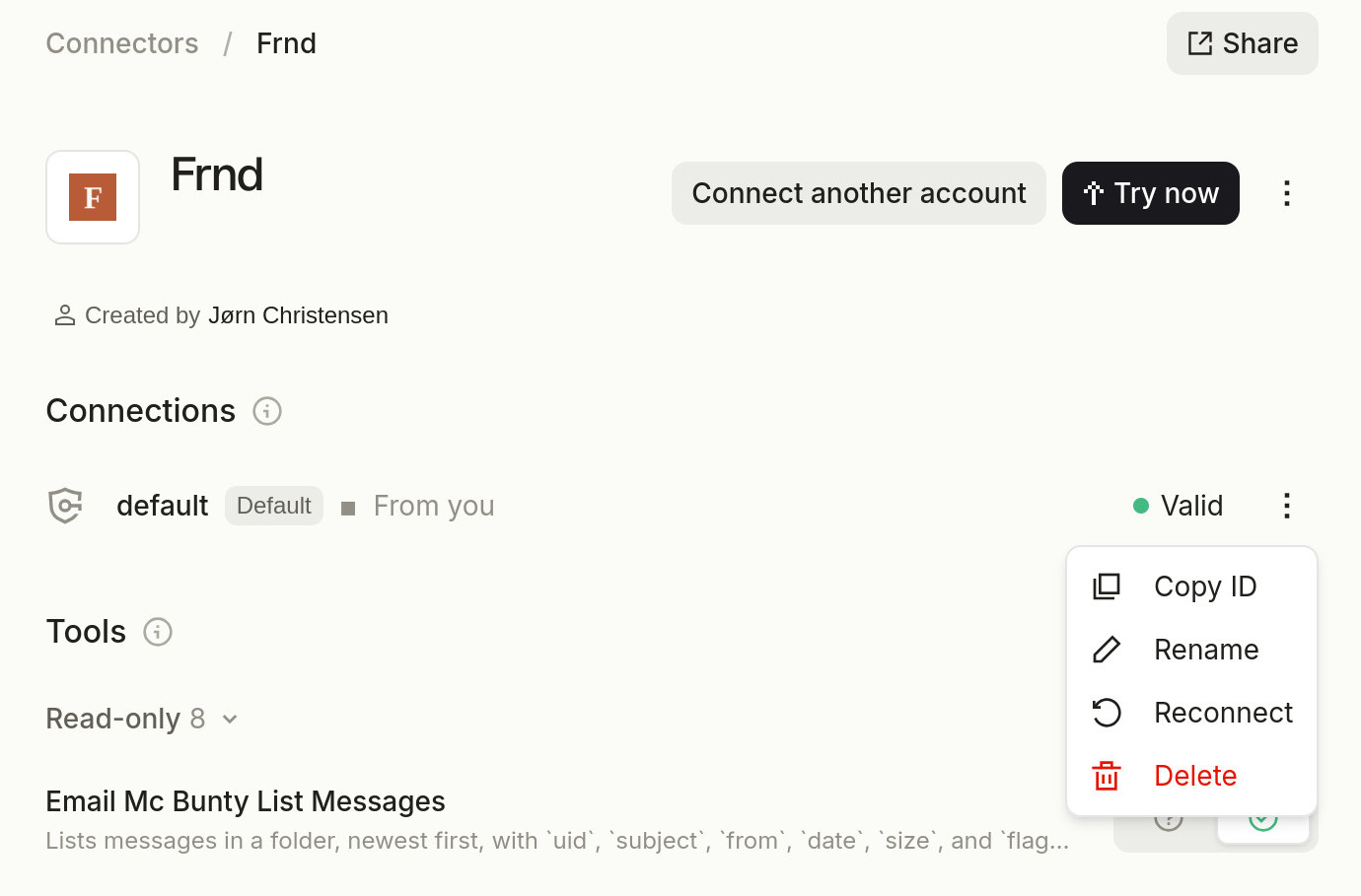 The connection menu on Mistral's Frnd connector page, with Copy ID, Rename, Reconnect, and Delete options.